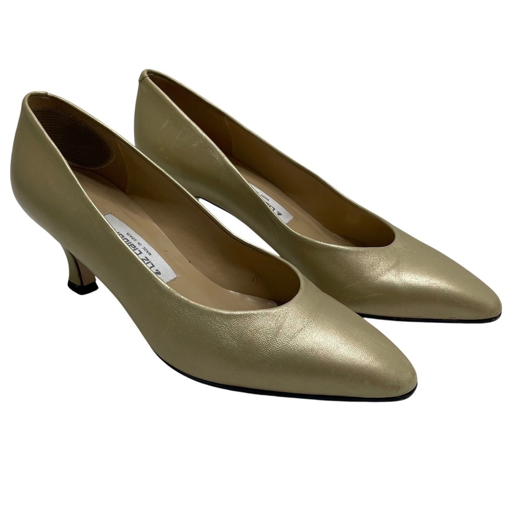 Liz Claiborne Vintage Gold Metallic Pointed Toe Kitten Heel Pumps 8 M Mob Wife